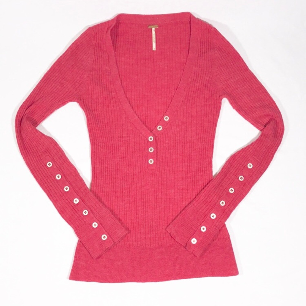 Free People | Red Ribbed V-Neck Long Tee